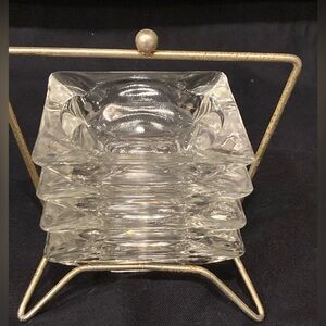 Fire King Vintage Metal Caddy with 4 Clear Glass Ashtrays 4.5 Square RARE